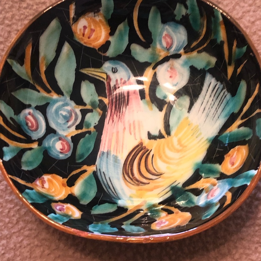 Hand-Painted Floral Bird Decorative Bowl - Yellow, Green, Black Made In Italy